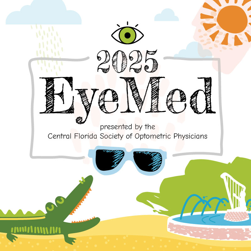 2025 EyeMed graphic with whimsical items, including a sun, alligator, fountain and sunglasses